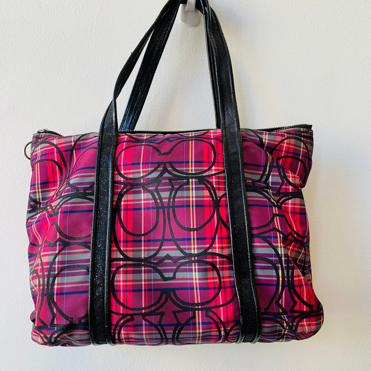 Coach Poppy Daisy Madras Plaid deals Bowling tote bag