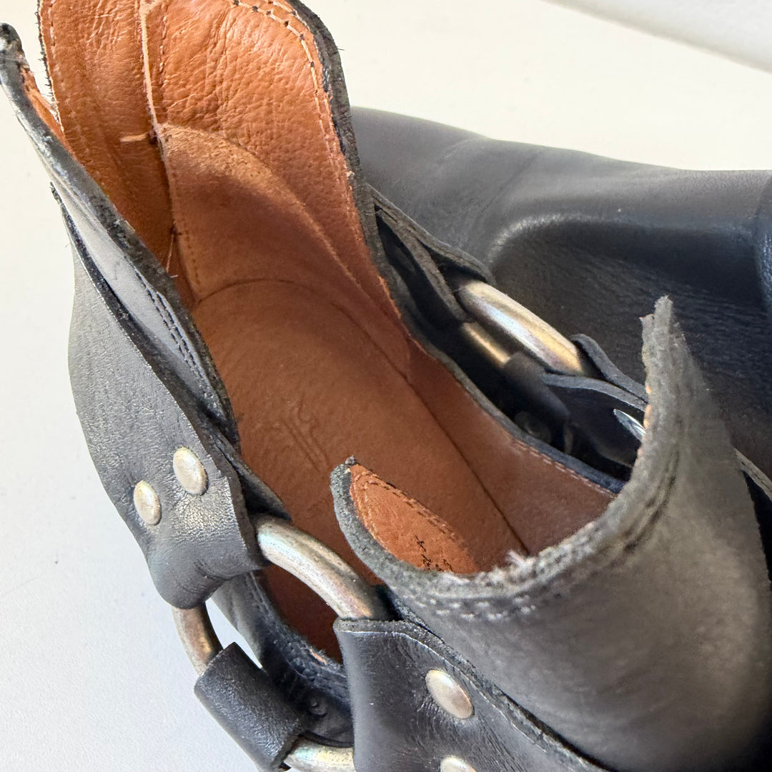 Frye Black Leather Ray Harness Back Zip Booties Size 7