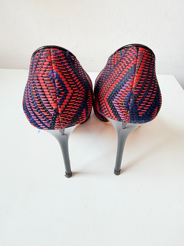 Jimmy Choo Abel Pointed Woven Fabric Red/Blue Pumps Size 39.5