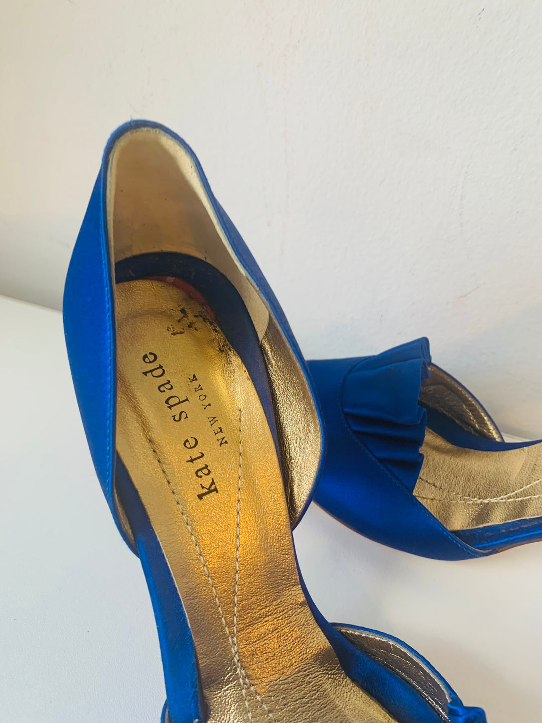 Kate Spade Blue Satin Ruffled Peep Toe Dress Pumps Size 6