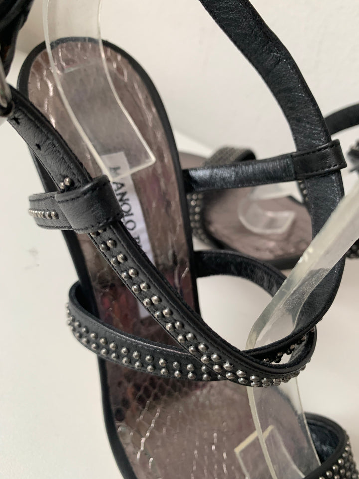 Manolo Blahnik Black Leather Strappy Studded Sandals Size 40