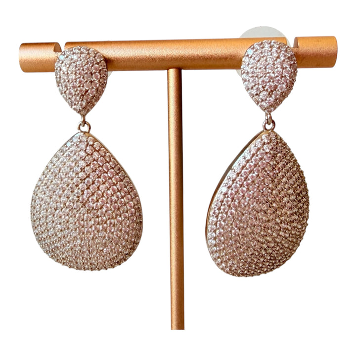 Crystal Rhinestone Pave Double Teardrop Silvertone Pierced Earrings
