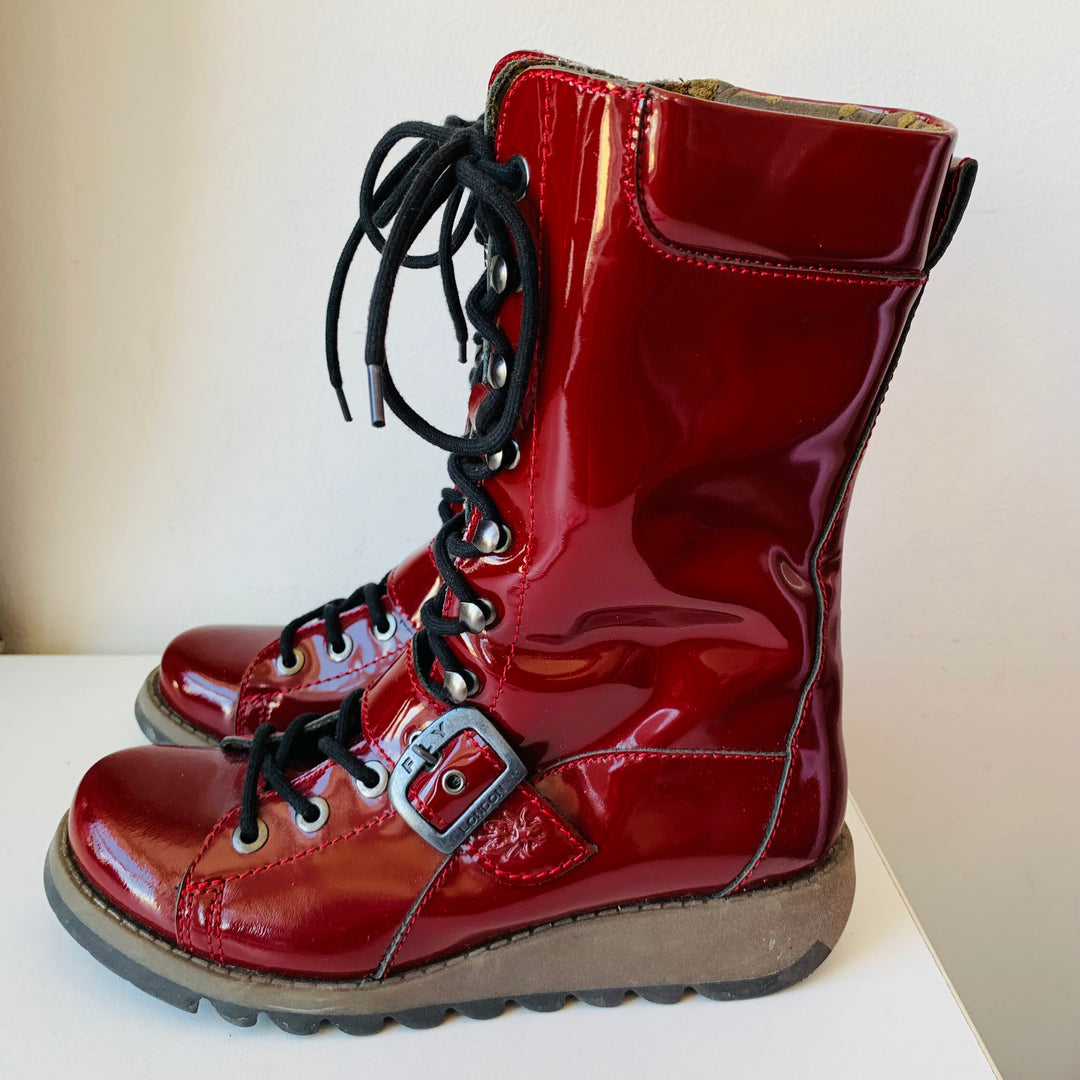 Fly London Red Patent Leather Lace Up Boots Size 40