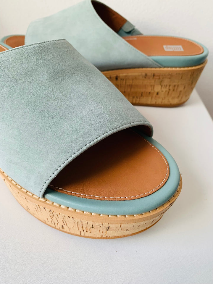 Fitflop Pale Blue Suede Platform Slide on Sandal Size 10
