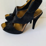 Pedro Garcia Black Suede Hook & Loop Heeled Slingback Sandals Size 39.5