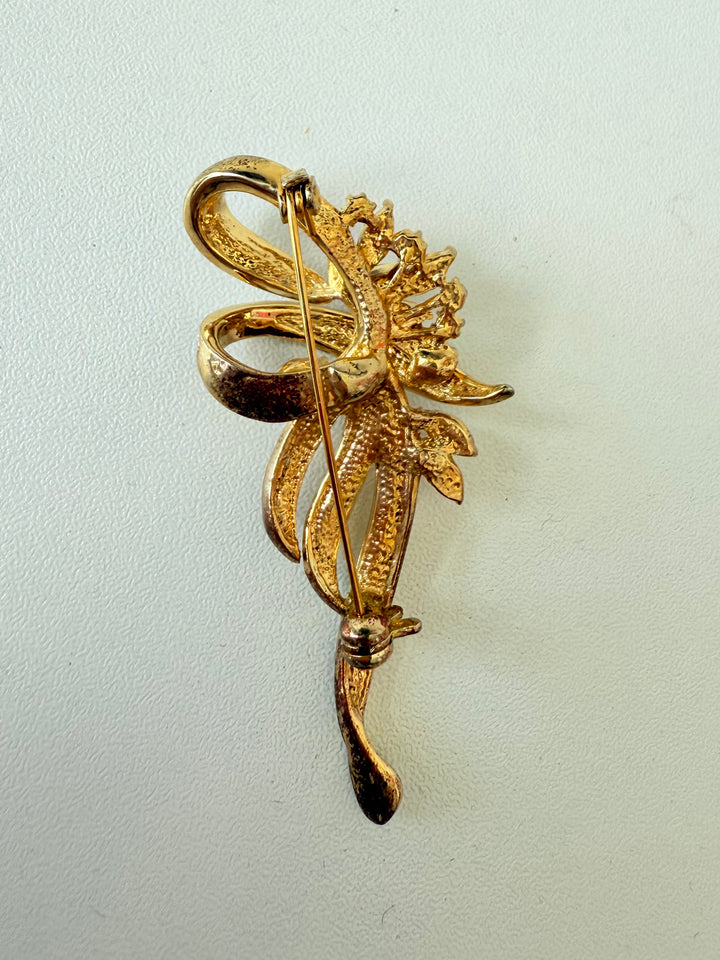 Vintage Gold Tone Rhinestone Red & Clear Brooch