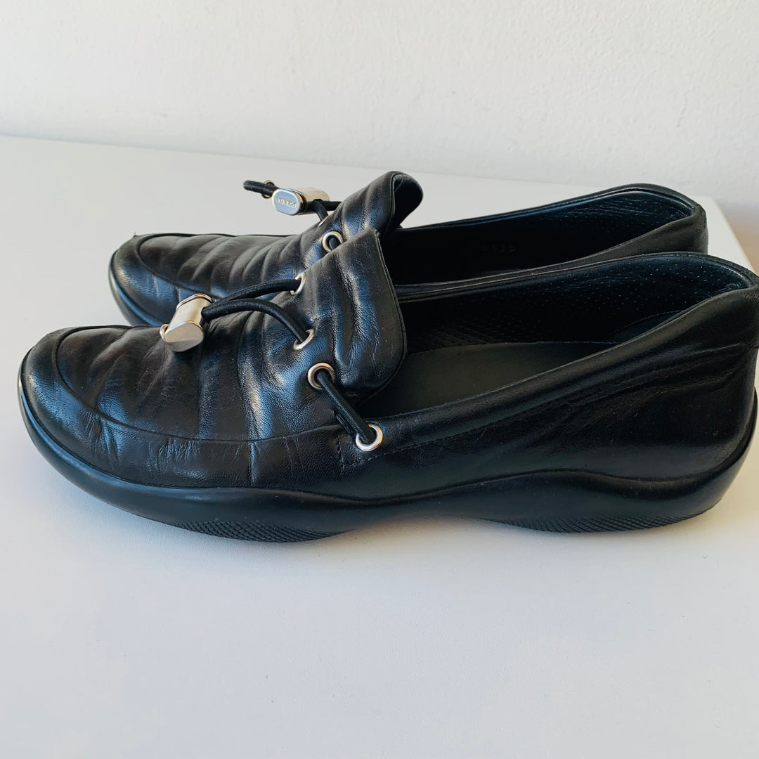 Prada Calazature Donna Black Leather Driving Slip Ons Size 37.5