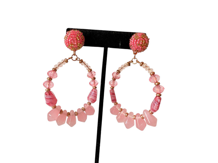 Pink Beaded Boho Style Post Pierced Hoop Earrings In Goldtone