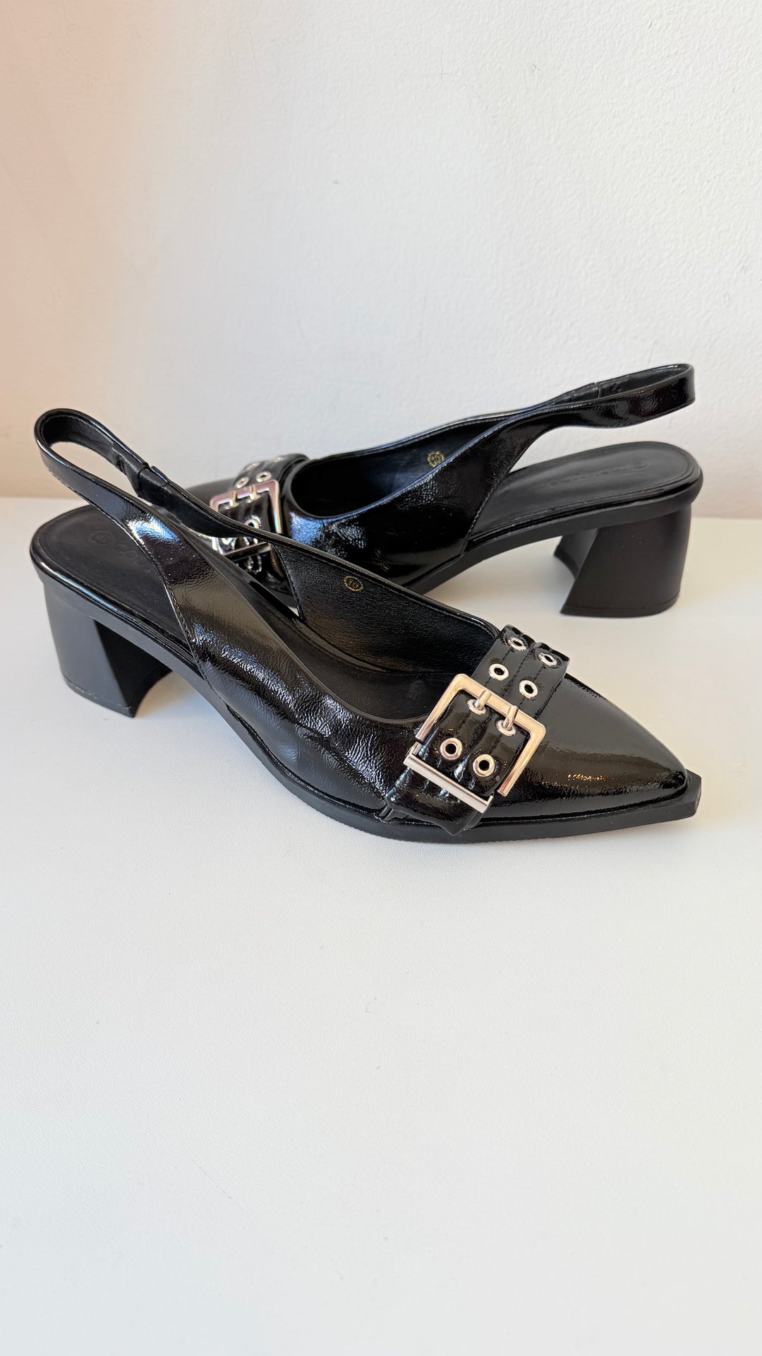 Coutgo Black Patent Sling Back Buckle Detail Block Heel Pumps Size 10