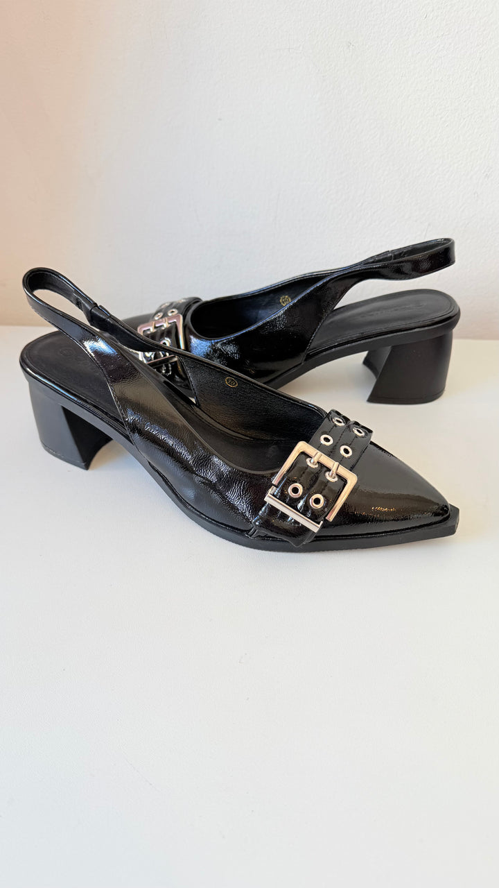 Coutgo Black Patent Sling Back Buckle Detail Block Heel Pumps Size 10