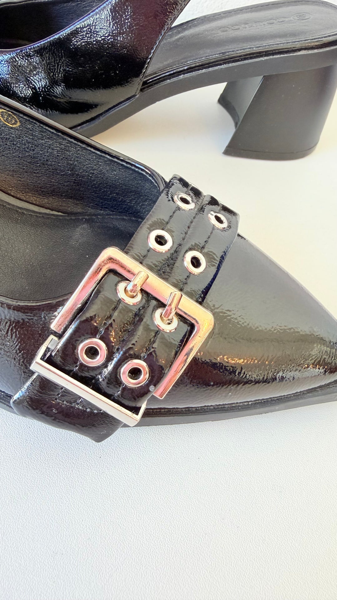 Coutgo Black Patent Sling Back Buckle Detail Block Heel Pumps Size 10