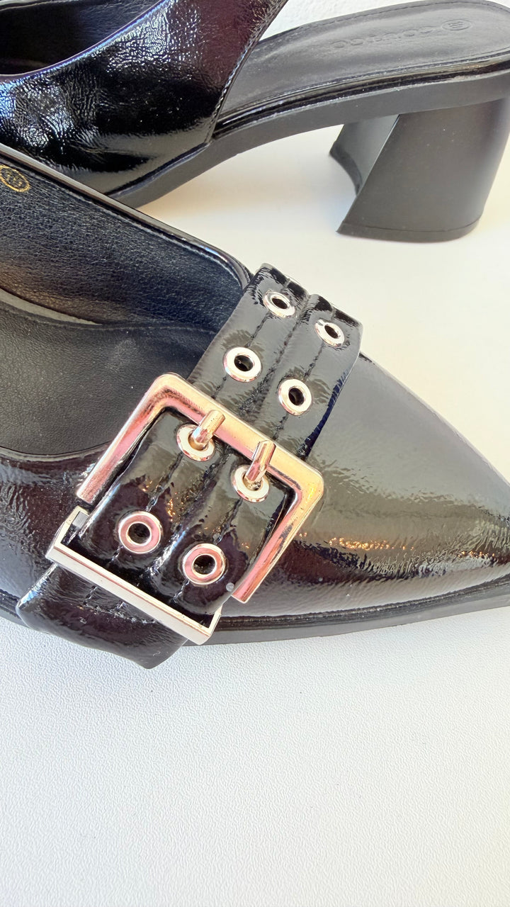 Coutgo Black Patent Sling Back Buckle Detail Block Heel Pumps Size 10