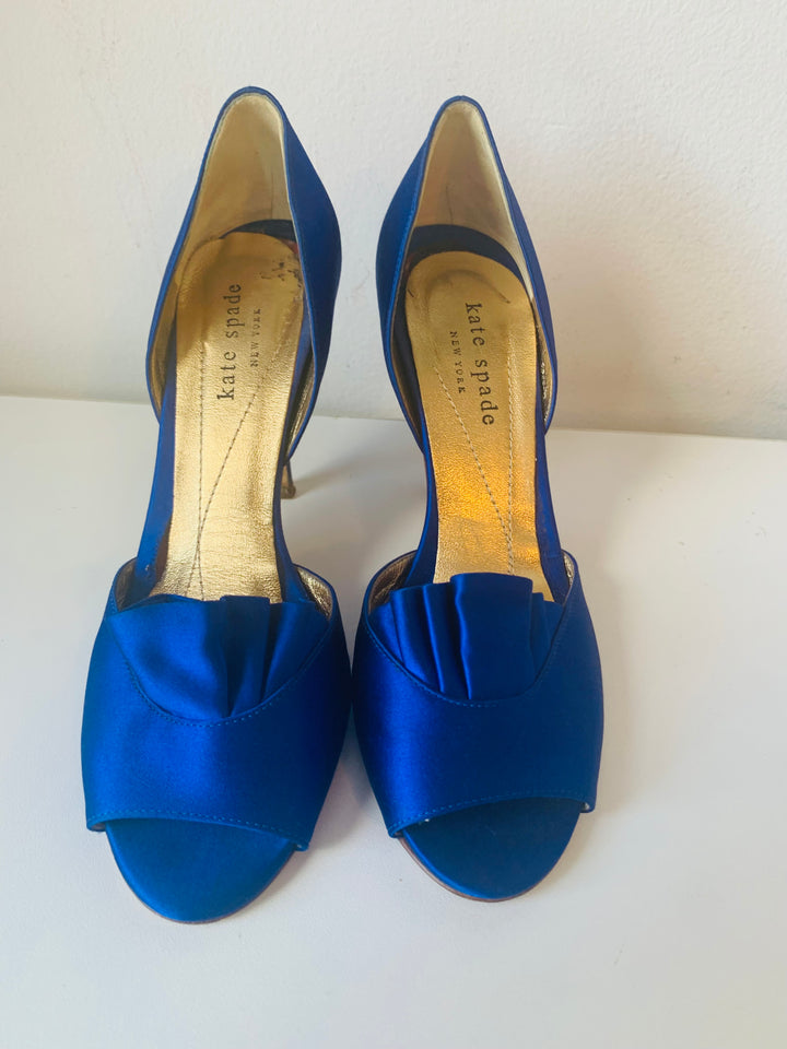 Kate Spade Blue Satin Ruffled Peep Toe Dress Pumps Size 6