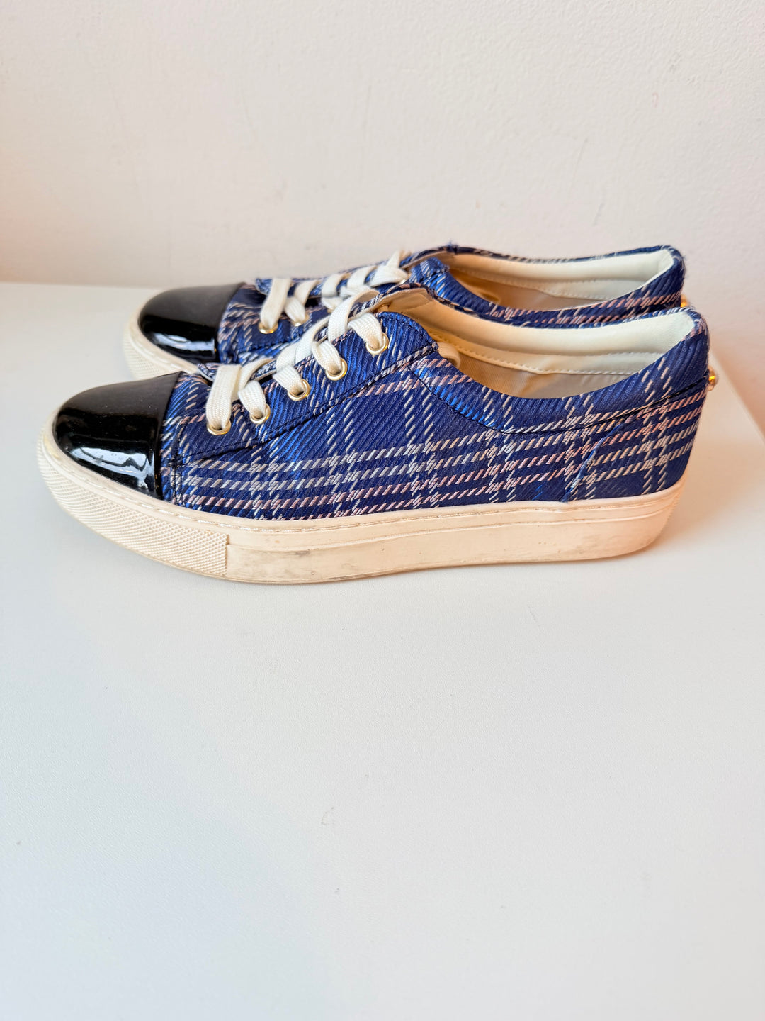 1901 Blue Plaid & Black Patent Sneakers Size 6.5