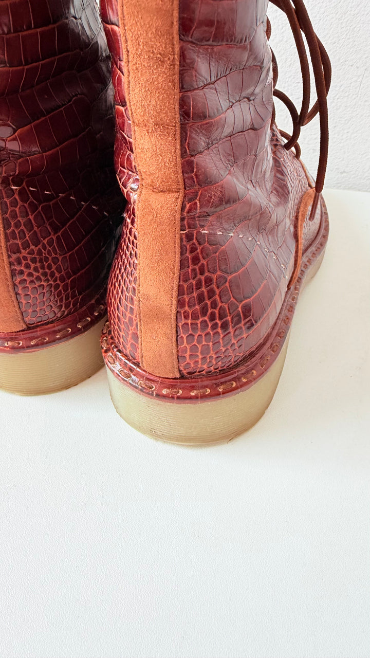 Max Mara Crocodile Print Leather Combat Boots Size 38