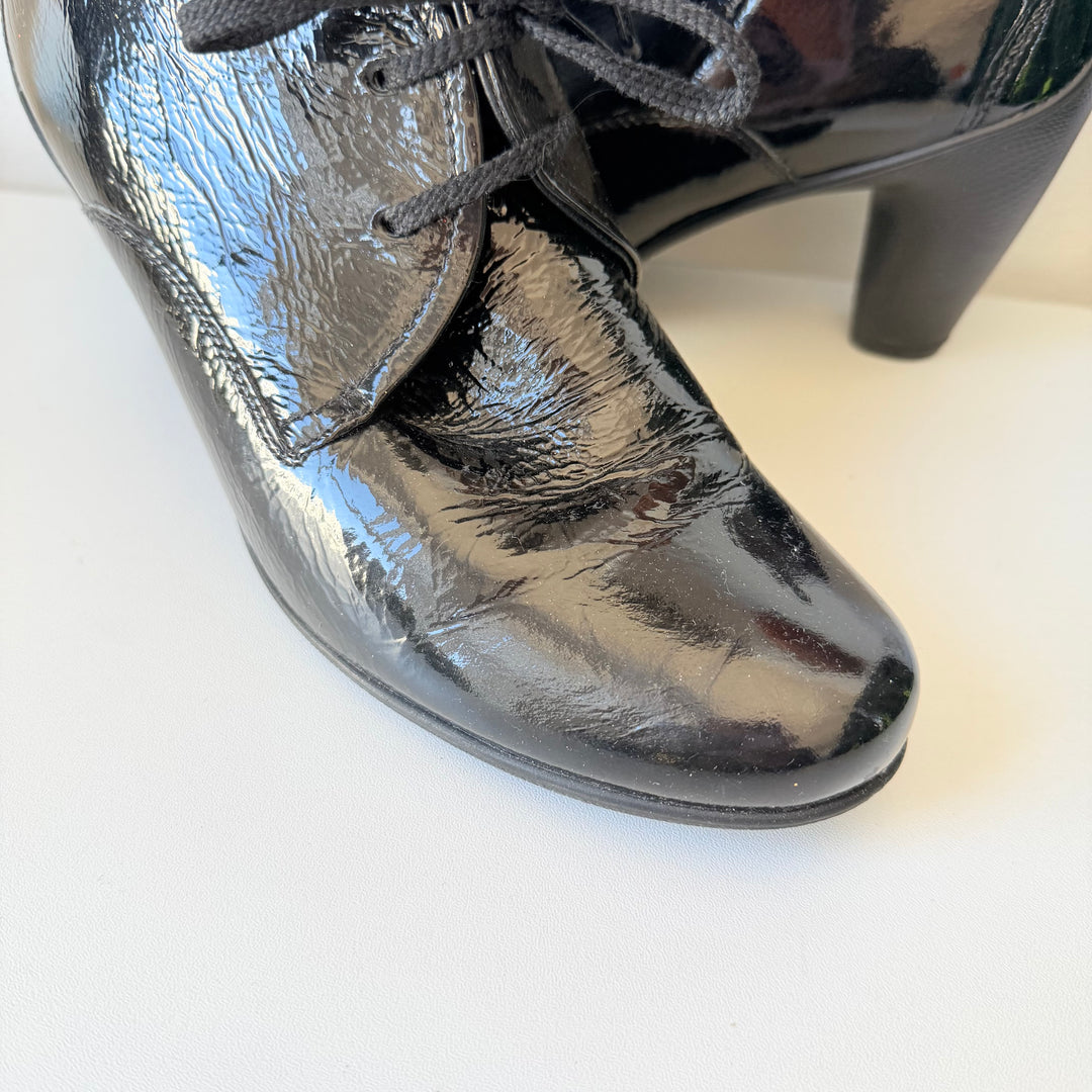 Ecco Black Patent Lace Up Heeled Boots Size 10