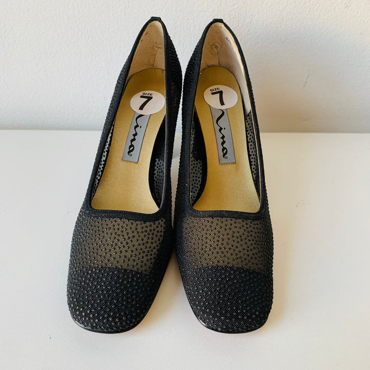 Nina Black Sparkle Block Heel Mesh Upper Pumps Size 7N New with Tags