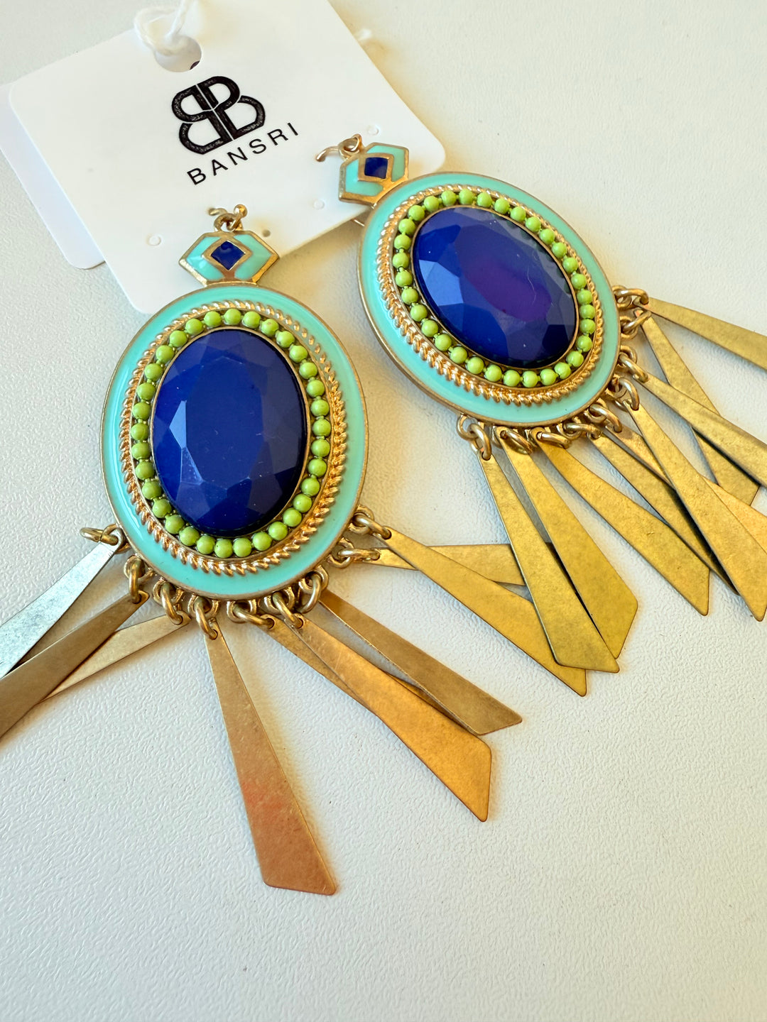 Bansri Blue & Green Stone and Enamel Pierced Statement Earrings New