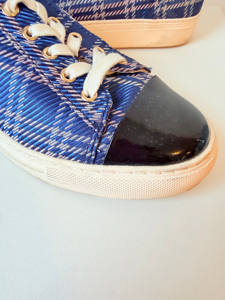 1901 Blue Plaid & Black Patent Sneakers Size 6.5