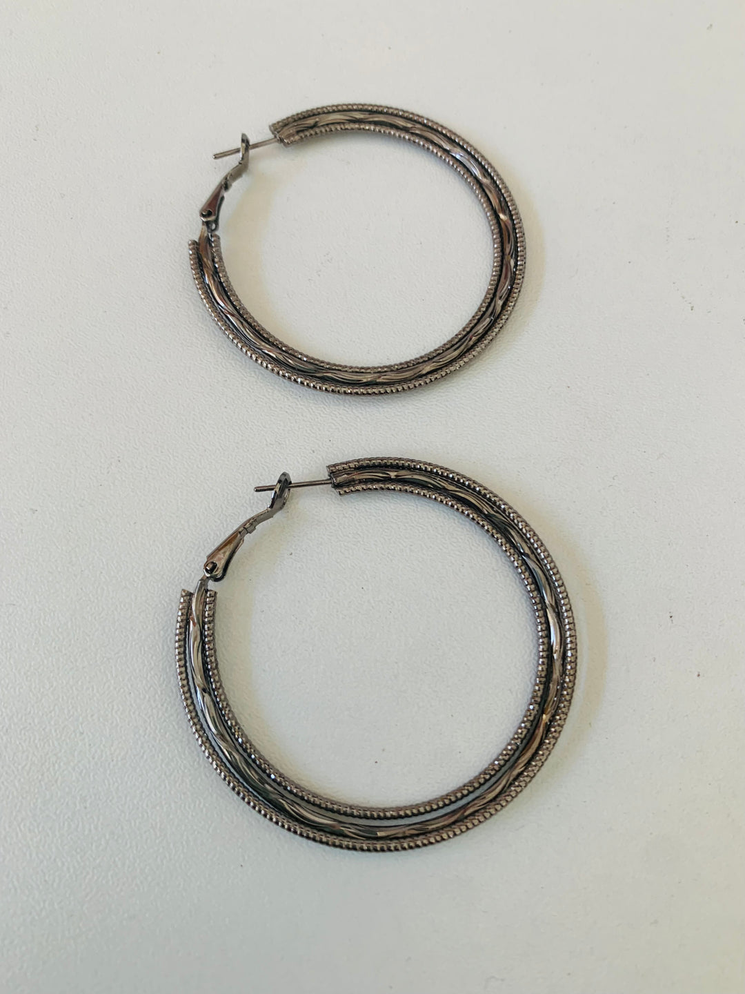 Platinum Tone Three Strand Pierced Hoop Earrings