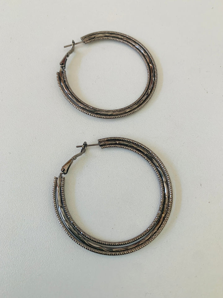 Platinum Tone Three Strand Pierced Hoop Earrings