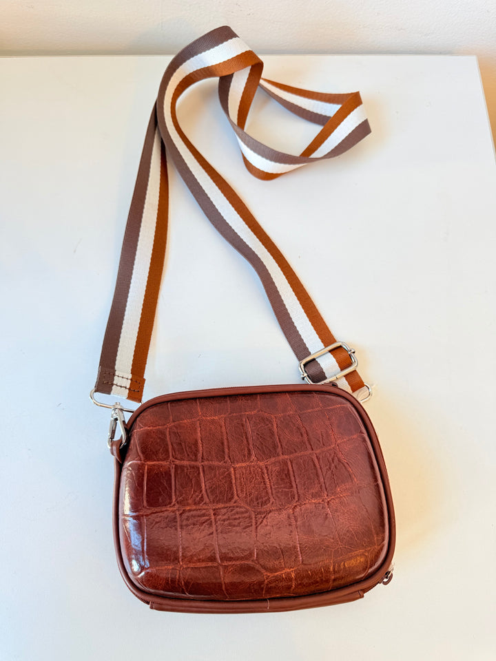 Brown Faux Croc Hard Case Leather Zip Crossbody