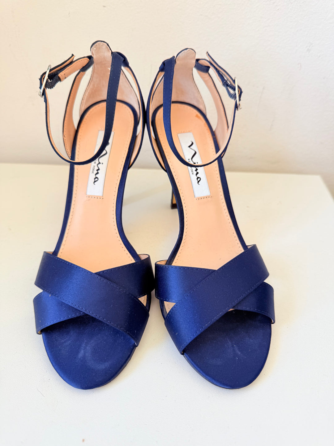 Nina Venus New Navy Satin Luster High Heel Ankle Strap Sandals Size 7M Women’s