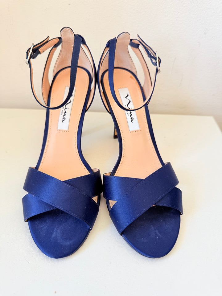 Nina Venus New Navy Satin Luster High Heel Ankle Strap Sandals Size 7M Women’s