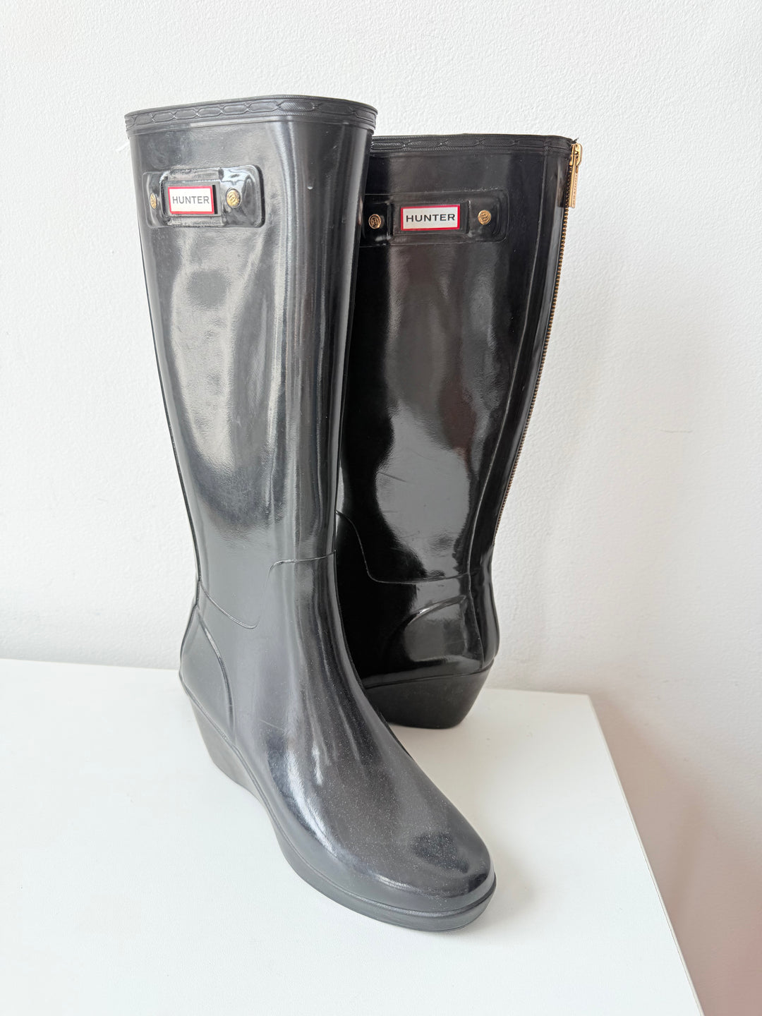 Hunter Black Moss Tall Wedge Boots Size 7