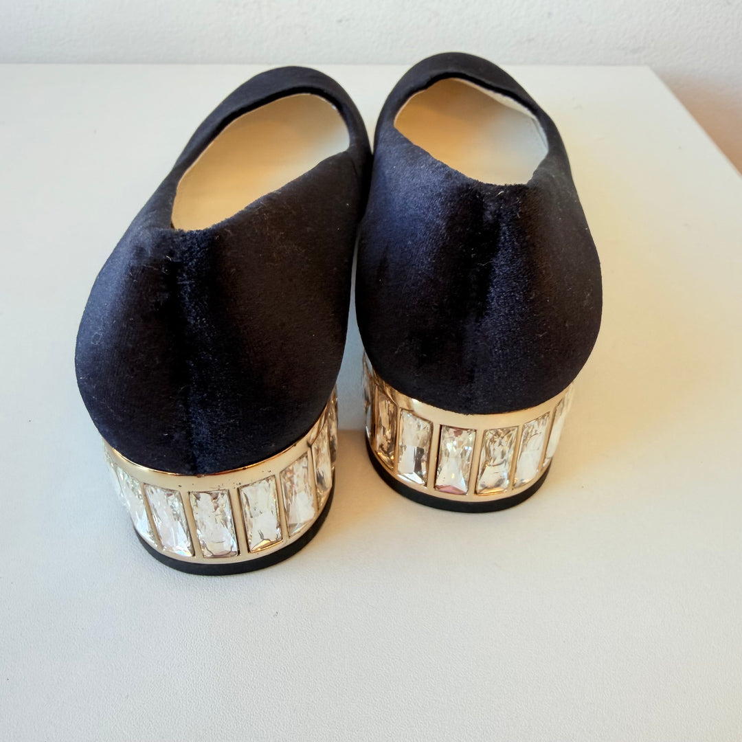 Anne Klein Haeyden Black Velvet Rhinestone Embelished Block Heel Pumps Size 6.5