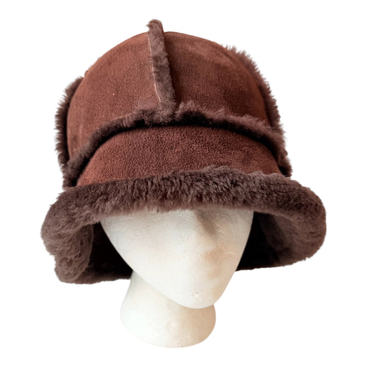 UGG Bucket Brown Shearling Sheepskin Upflap Hat One Size