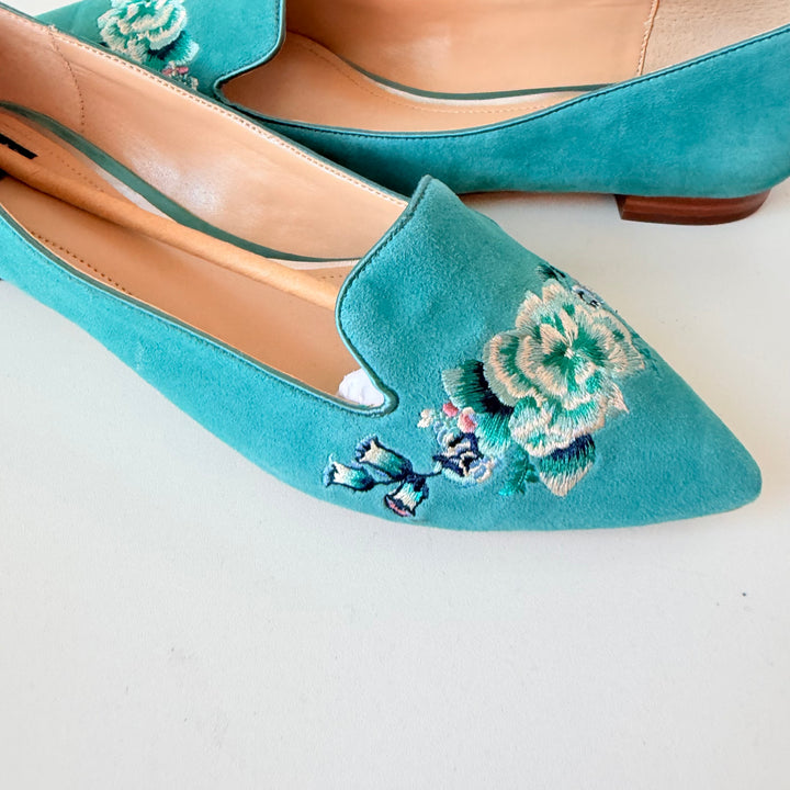 White House Black Market Ava Mineral Green Embroidered Flats Size 8 New In Box