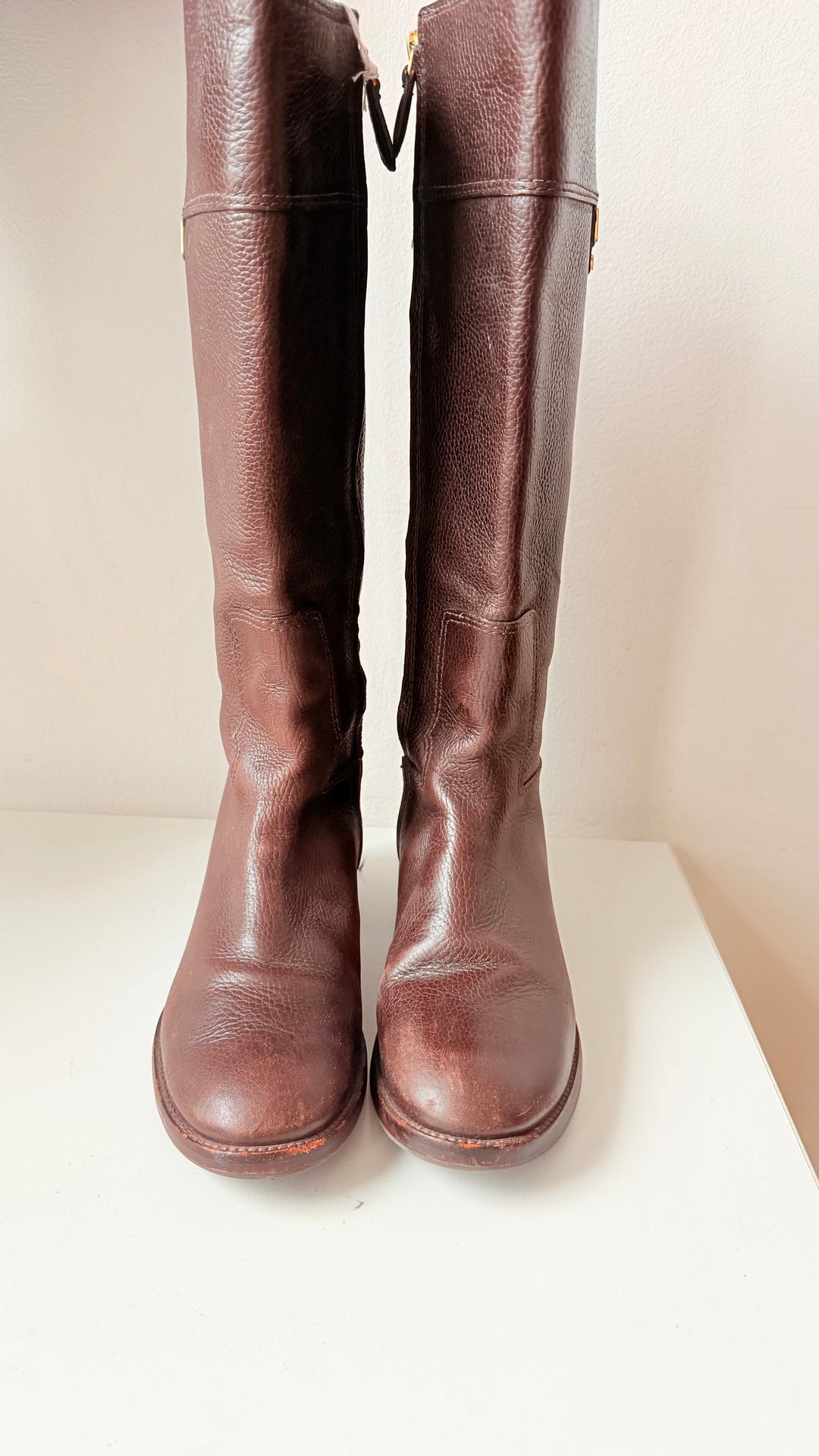 Tory Burch Joanna Pebbled Brown Leather Riding Boots Size 8.5