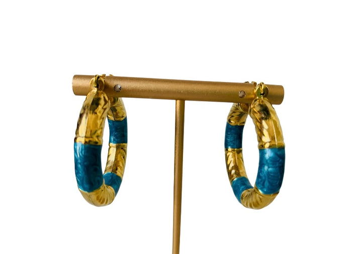 Gold and Blue Enamel Pierced Hoop Earrings