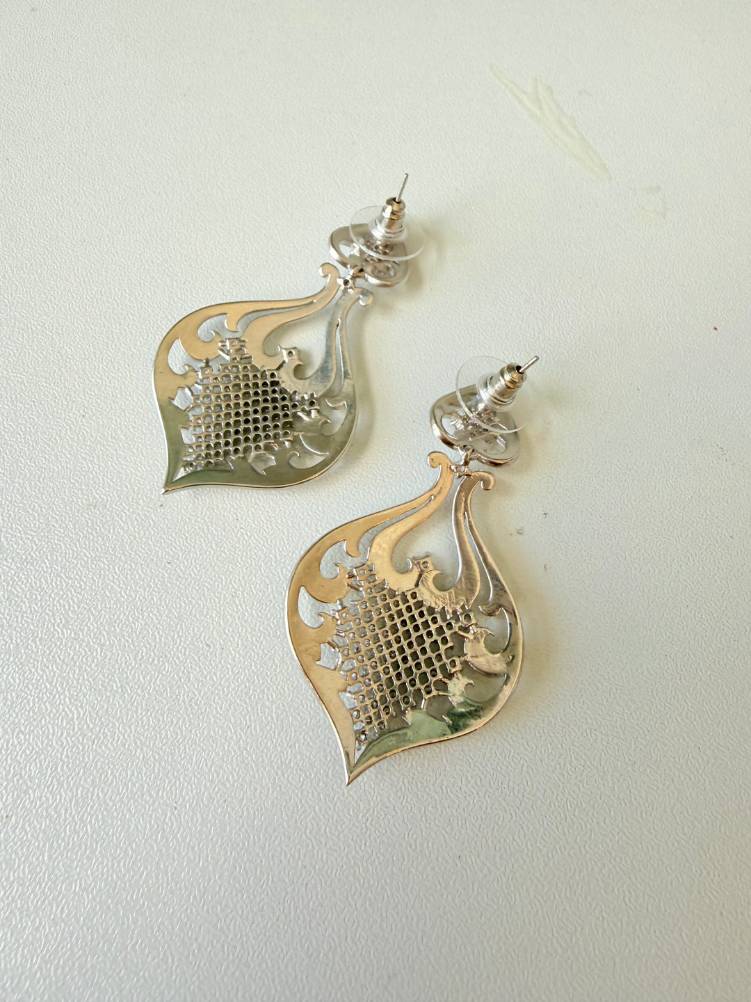 Silver Cut Out Filigree Crystal Embellished Statement Pierced Earrings
