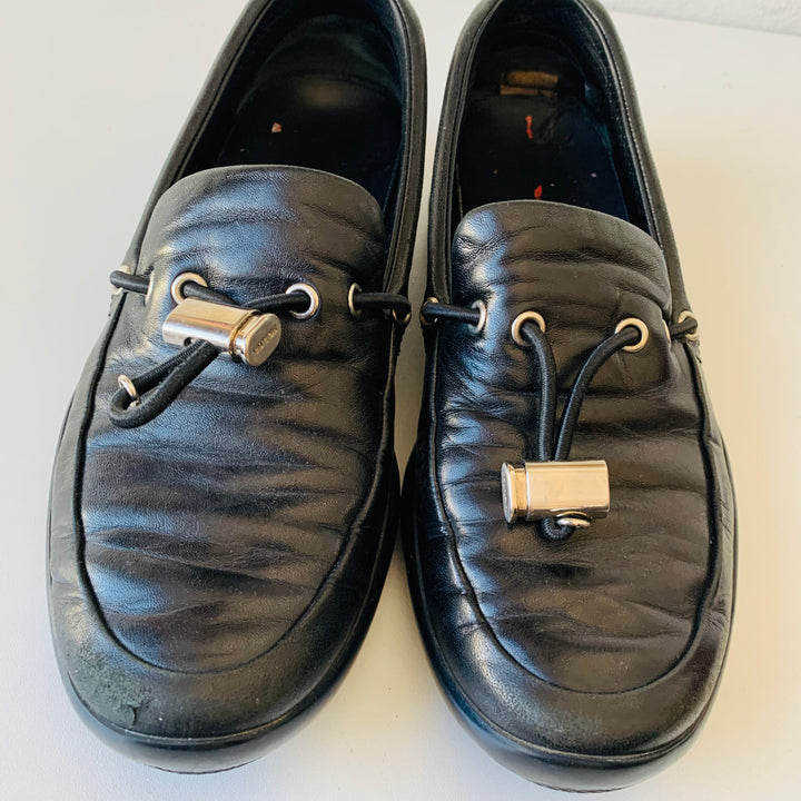 Prada Calazature Donna Black Leather Driving Slip Ons Size 37.5