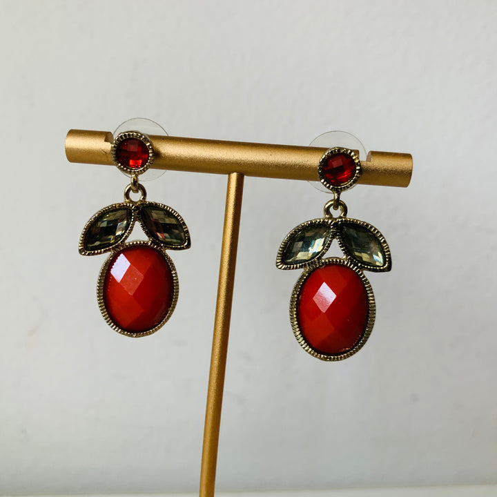 Red Stone and Rhinestone Pierced Earrings