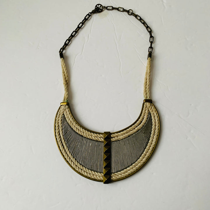 Tory Burch Bibb/Choker Mixed Media Metal Stud Brass Tone & Rope Statement Necklace RARE