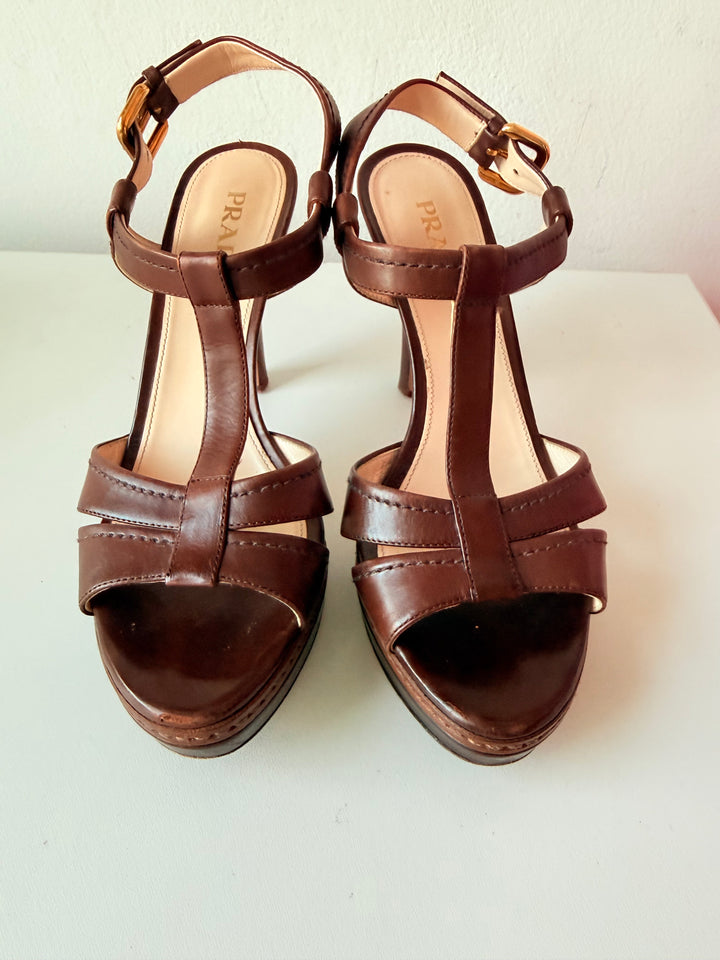 Prada Brown T Strap Platform Leather Heeled Sandals Rare Size 38