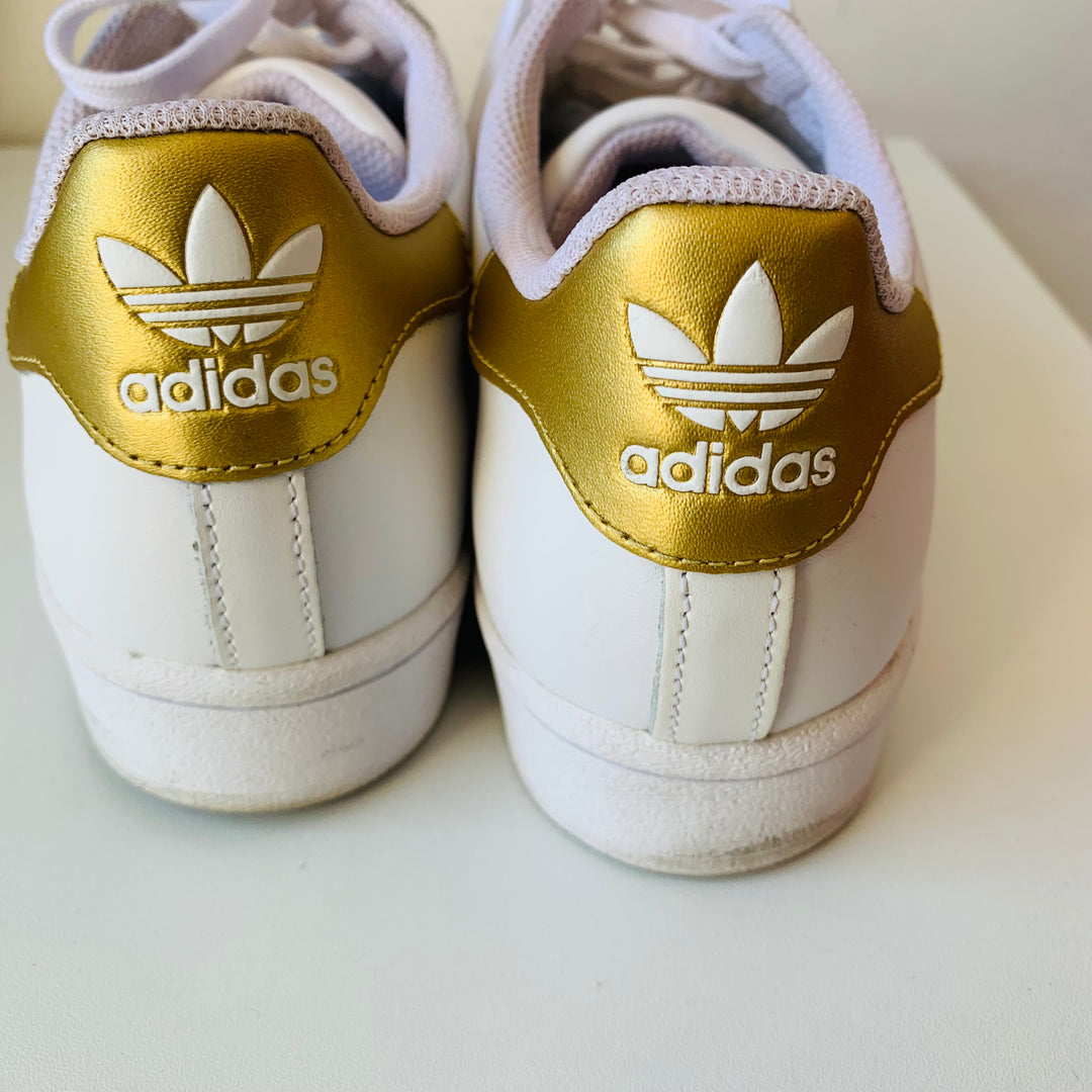 Adidas White and Gold Superstar Sneakers Size 9