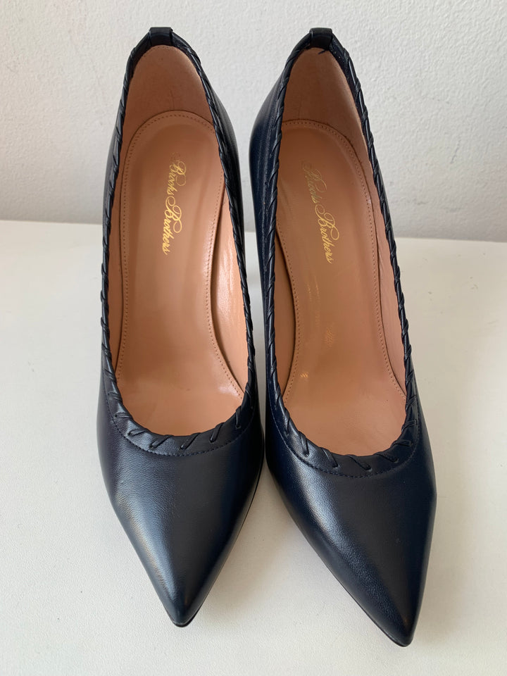 Brookes Brothers Deep Navy Blue Leather Whipstitch Pointed Toe Pumps Size 9 New