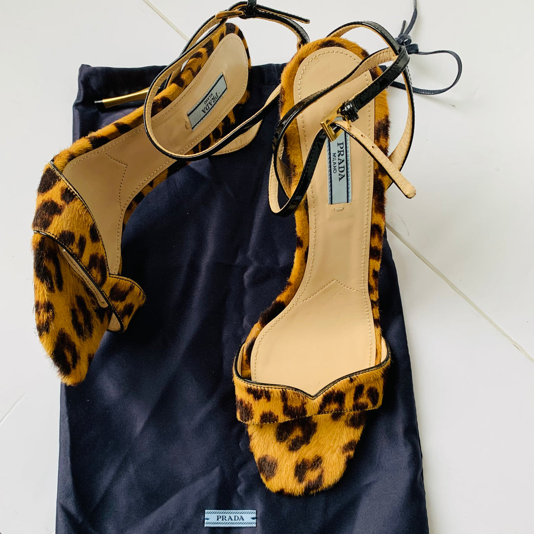 Prada Pony Hair Animal Print Strappy Peep Toe Sandal/Heels Size 40