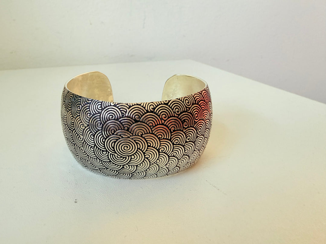 Wide Silver Cuff Bracelet With Oxidized Spiral Design