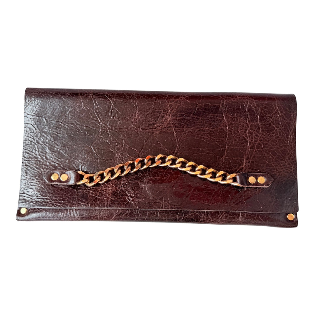 Moss Mills Dark Brown Textured Leather Clutch With Gold Chain Detail