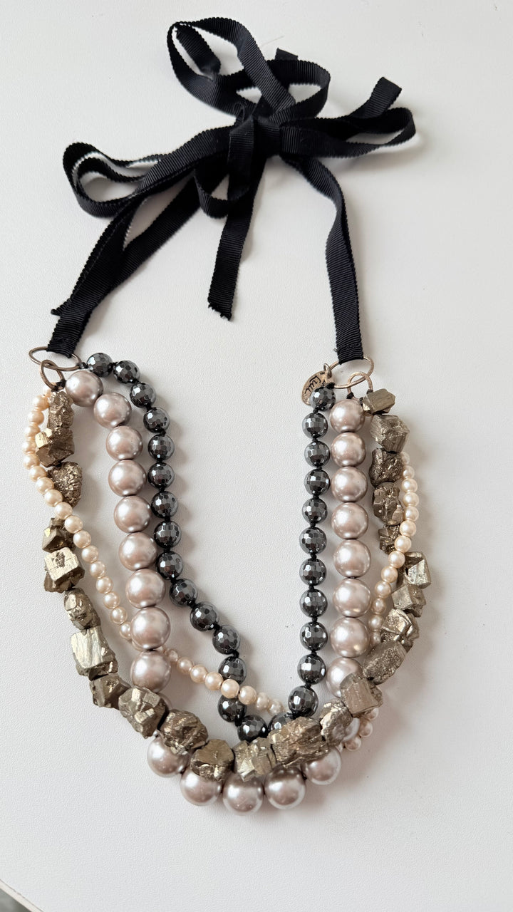 Chan Luu Mixed Media Multistrand Statement Necklace Grey/Black/Pearl