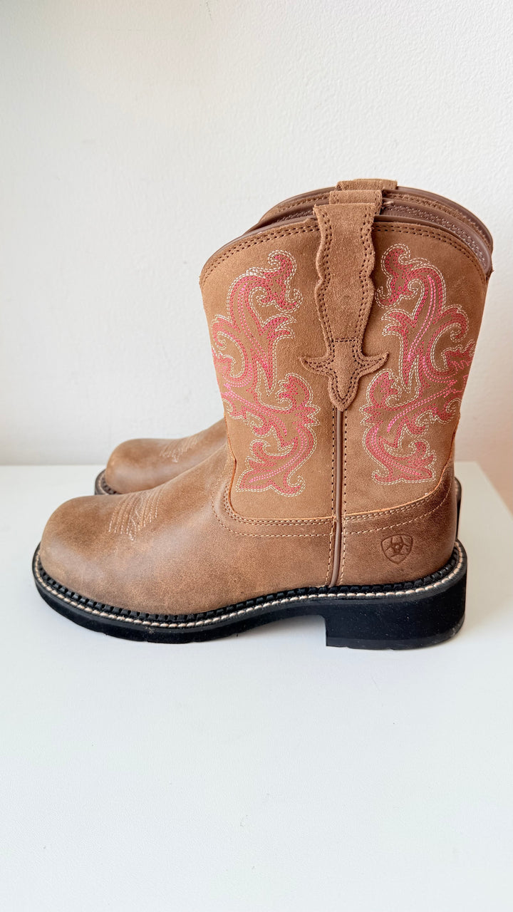 Ariat Fat Baby Bomber Western Brown & Pink Boots Size 7.5