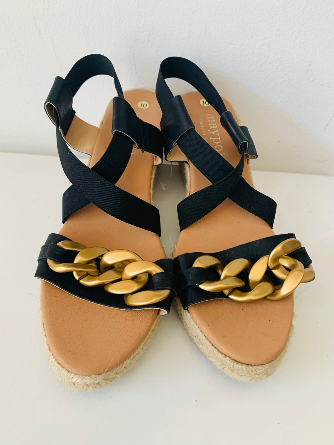 Maypol Black With Gold Chain Wedge Sandals Size 10