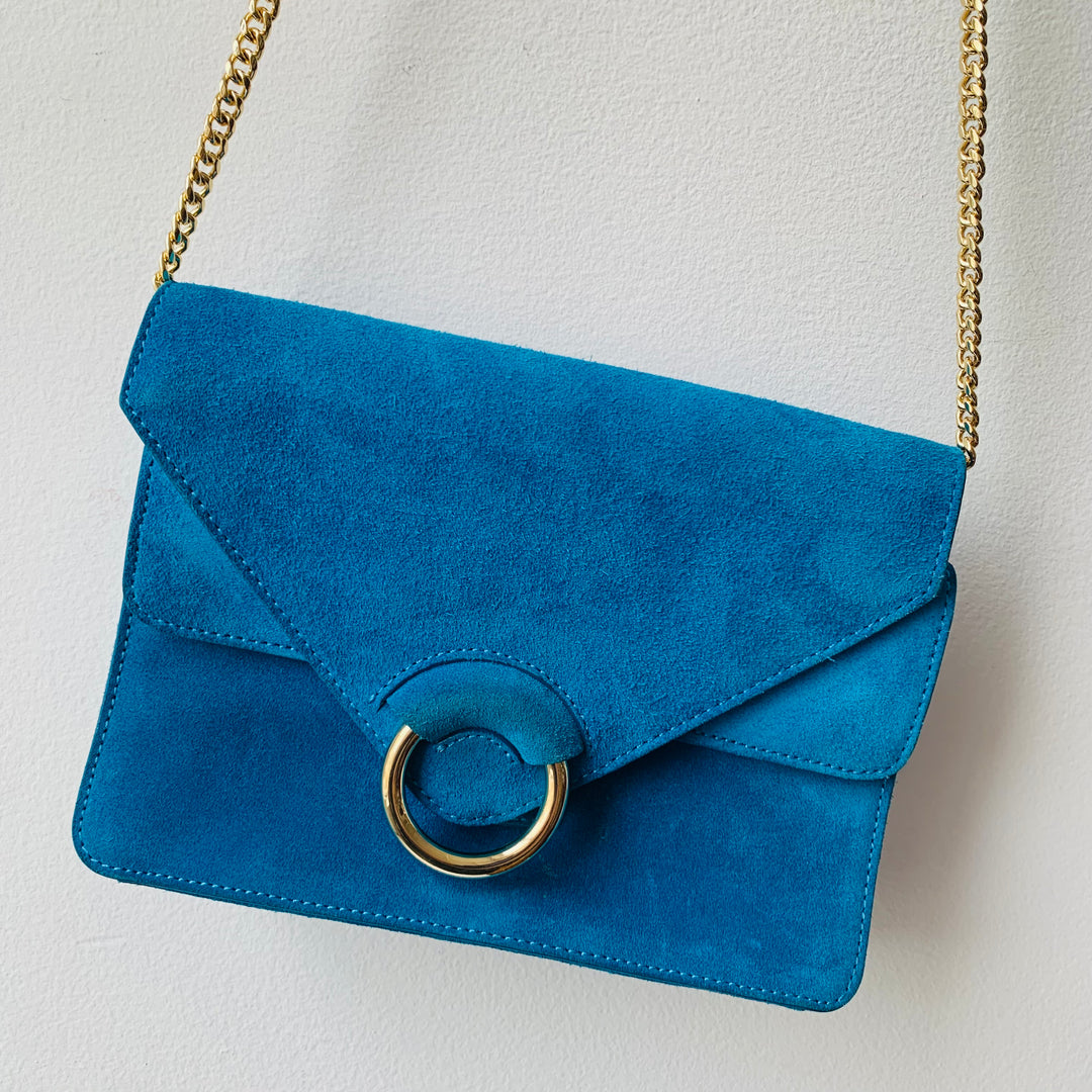 Banana Republic Royal Blue Suede Flap Over Crossbody Handbag With Gold Chain