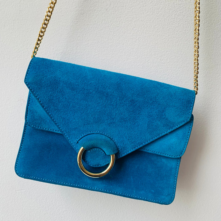 Banana Republic Royal Blue Suede Flap Over Crossbody Handbag With Gold Chain