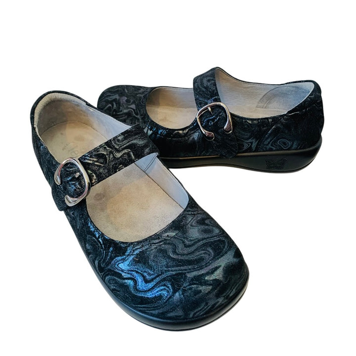 Allegria Black Leather Textured Mary Janes Size 39